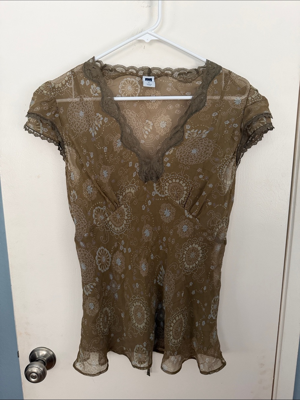 GAP Taupe Silk Floral Lace-Trim Top